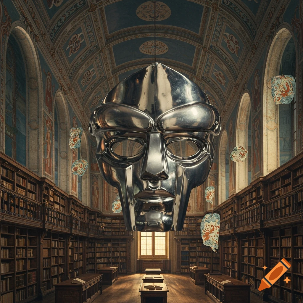 A giant, metallic MF Doom mask hangs in the center of a grand, ornate library with towering bookshelves and arched ceilings.