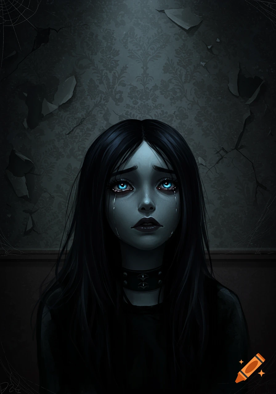 A detailed painting of a sad, dark-haired girl with bright blue eyes and tears, looking up against a peeling, dark wall with spiderwebs.