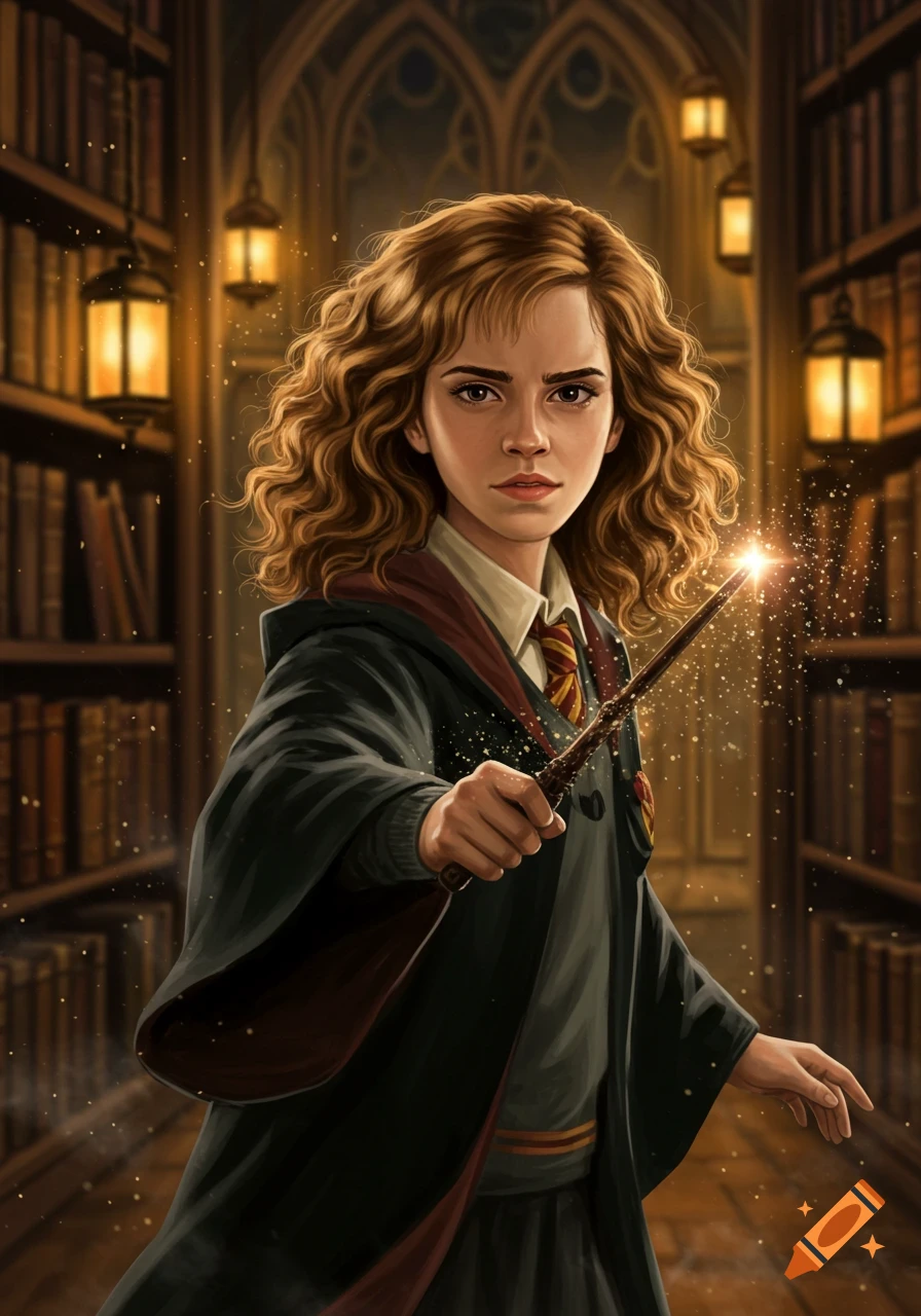 Digital painting of Hermione Granger in Hogwarts robes holding a sparkling wand in a library.