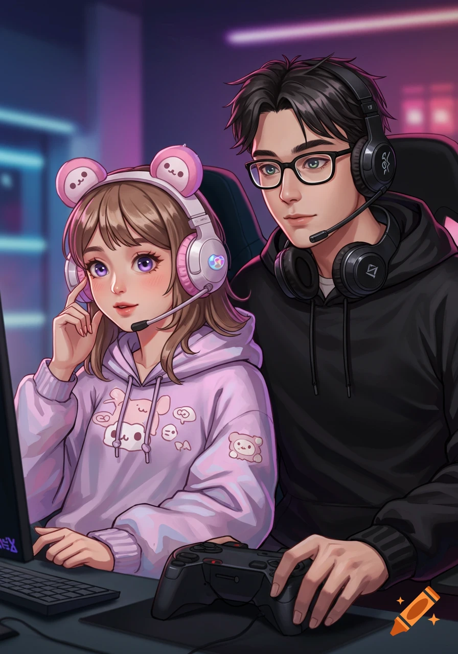 A cute anime couple, a girl in a pink hoodie and a boy in a black hoodie, wear headsets while gaming at a computer.