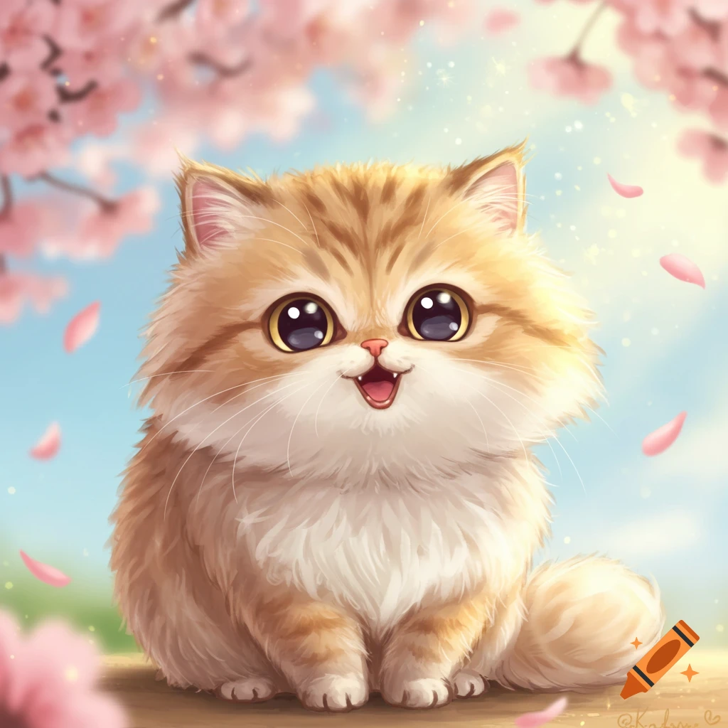 A cute, fluffy orange and white chibi Persian cat with big eyes smiles under pink cherry blossoms.