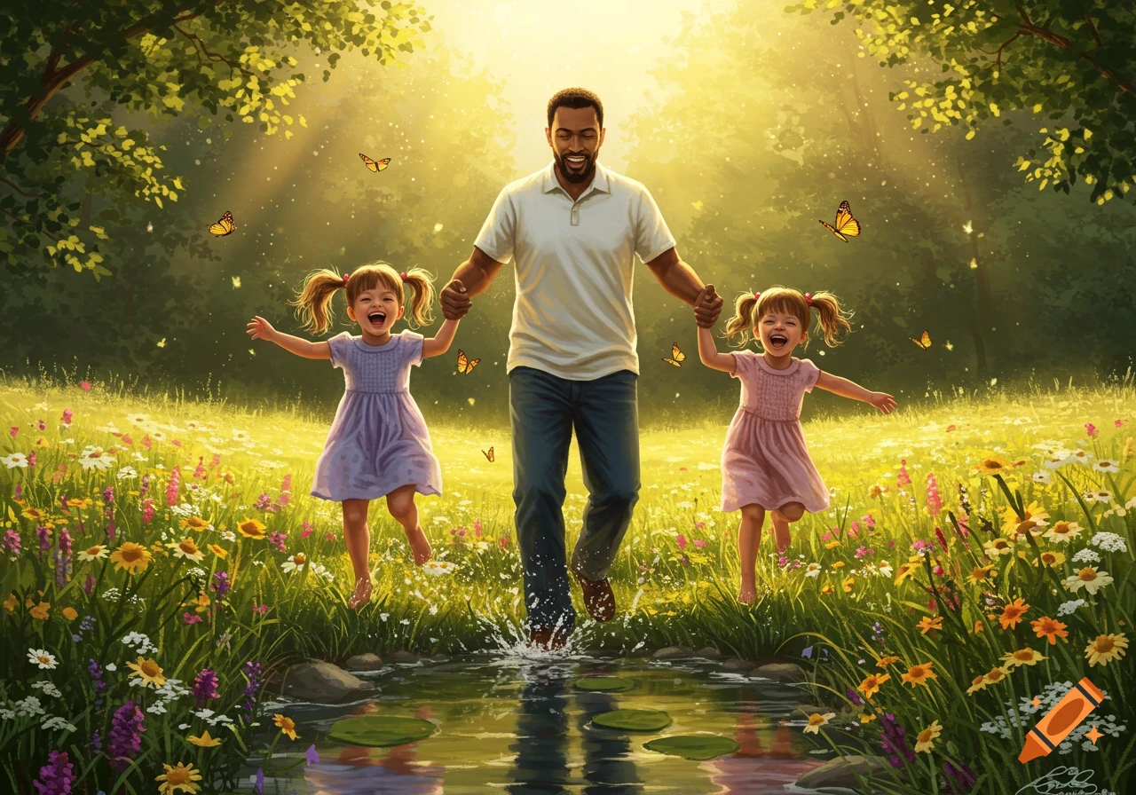 Joyful illustration of a father and his two young daughters running hand-in-hand through a sunlit wildflower meadow, splashing in a shallow stream.