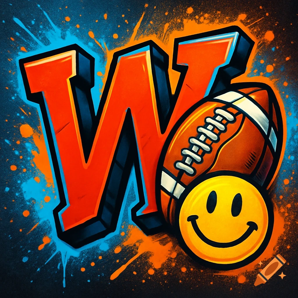 A stylized orange letter W in graffiti style with a football and a yellow smiley face, against a dark background with blue and orange paint splatters.