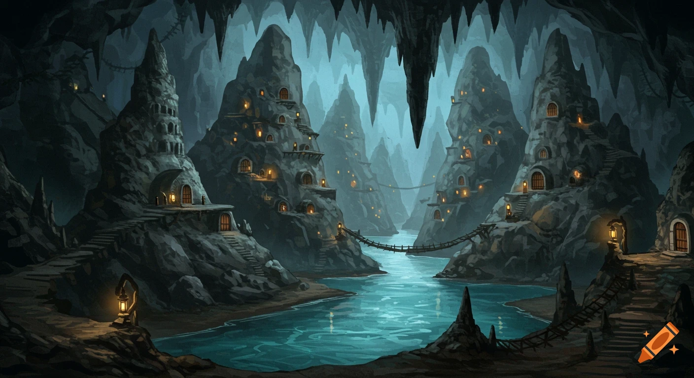 A fantasy illustration of a vast cave system with a teal river flowing through, surrounded by rock formations with small houses and bridges.