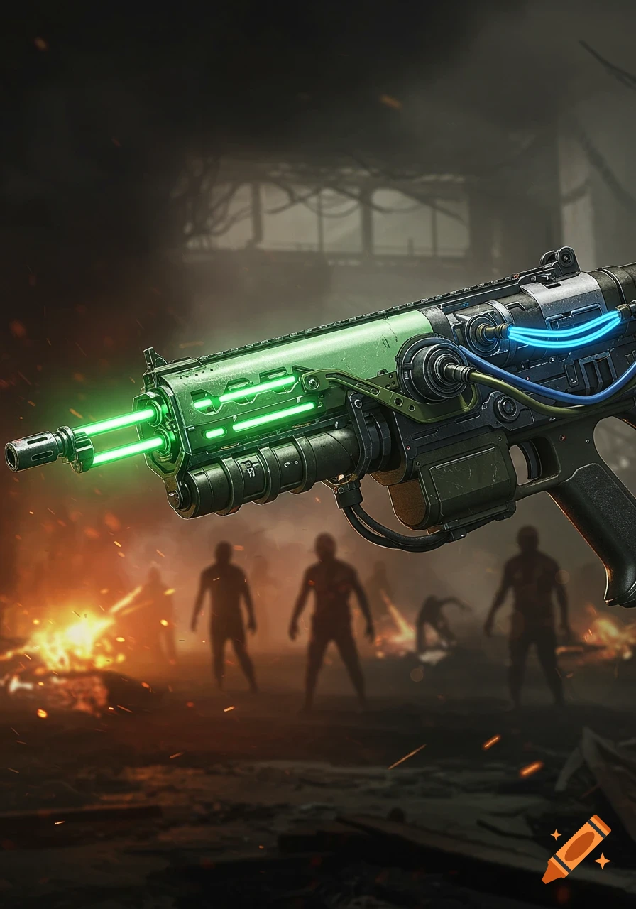 Close-up of a futuristic green and blue glowing energy weapon with zombies and fires in a dark, ruined background, in a concept art style.