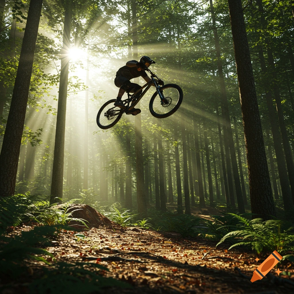 A mountain biker catches air while jumping on a dirt trail in a sunlit forest, captured from below.