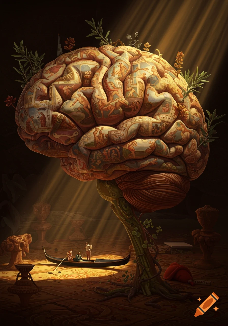 An ornate, surreal human brain depicted as a tree, its convolutions adorned with classical frescoes, rooted in a landscape with a gondola and small figures, illuminated by dramatic light rays.
