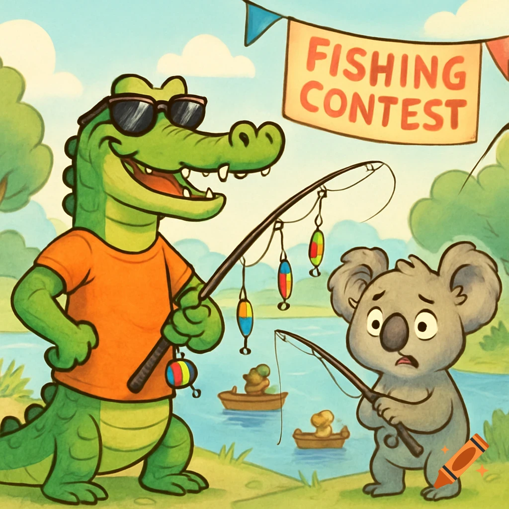 A cartoon crocodile wearing sunglasses teaches a nervous koala to fish in a lake, under a 'FISHING CONTEST' banner.