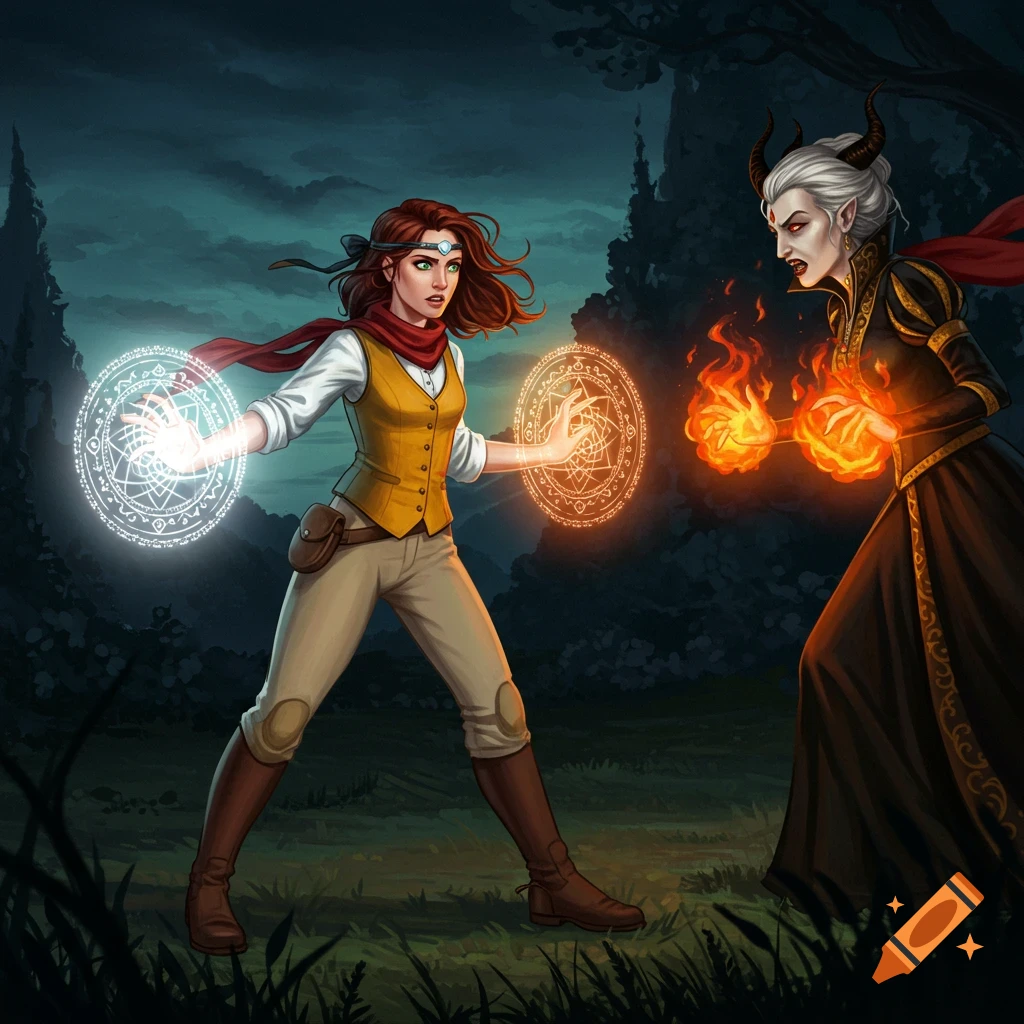 A woman with auburn hair and green eyes, wearing a yellow waistcoat, uses white magic against an evil-looking woman with horns and white hair, who wields fire magic in a dark forest setting.