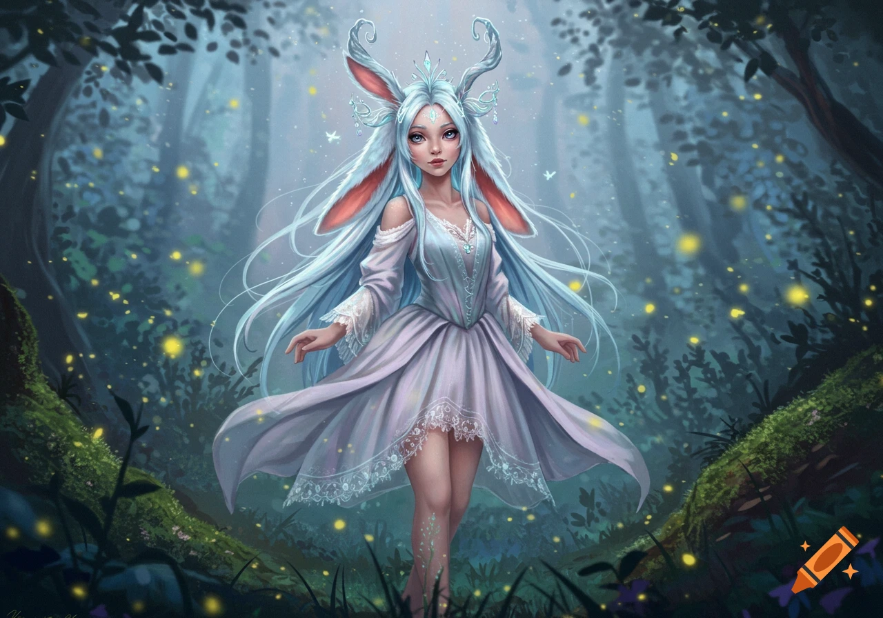 A fantasy bunny girl with pale blue hair and a white dress stands in a magical forest with glowing fireflies, digital art.