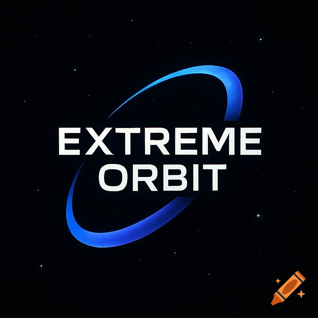 Minimalist logo for Extreme Orbit with white text and a blue light ring against a starry black background.