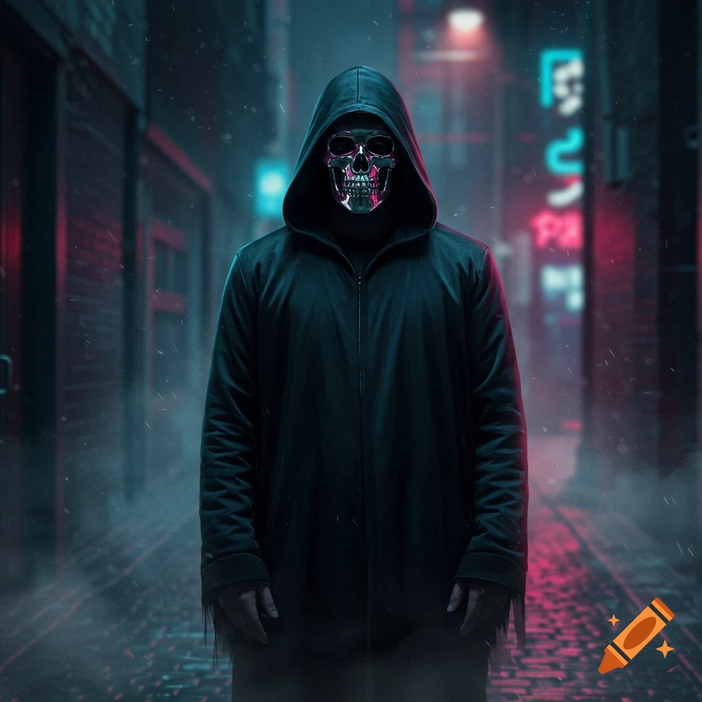 A hooded figure wearing a metallic skull mask stands in a dark, rainy cyberpunk alley with neon lights.