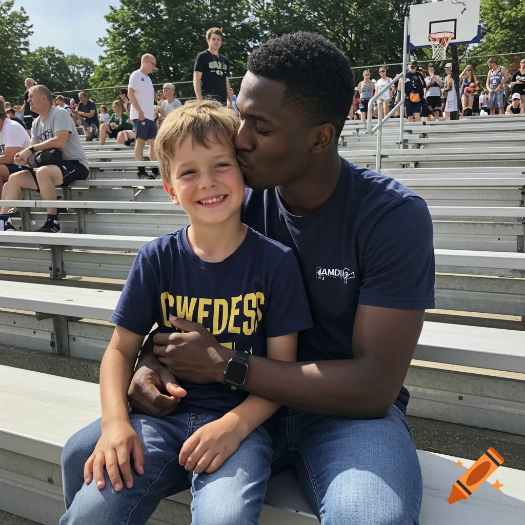 A young Black man kisses a smiling blond boy on the cheek as they sit on bleachers at an outdoor basketball game.