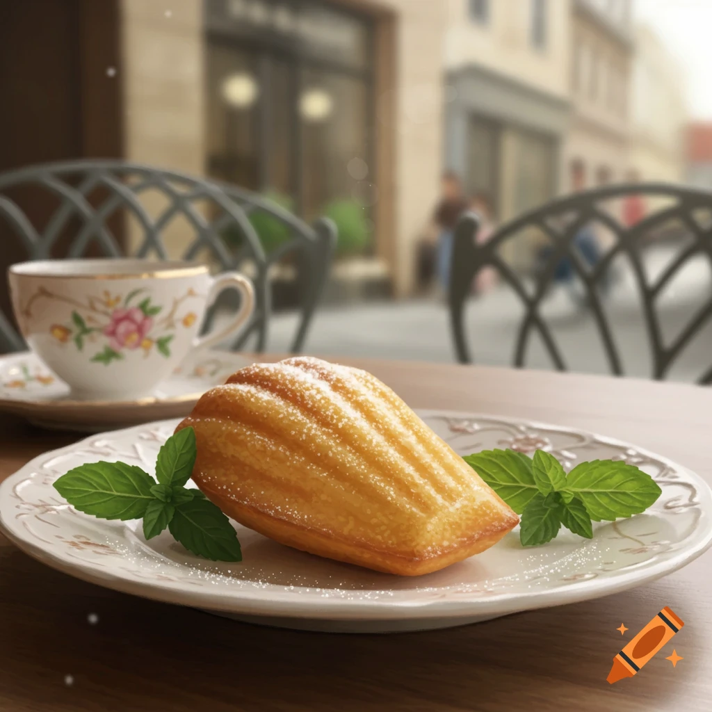 A golden madeleine pastry with powdered sugar and mint leaves on a plate, with a teacup and a blurred outdoor cafe in the background.
