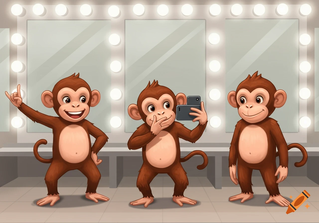 Three playful cartoon monkeys in a dressing room. One makes a rock gesture, one takes a mirror selfie with a phone, and one smiles.