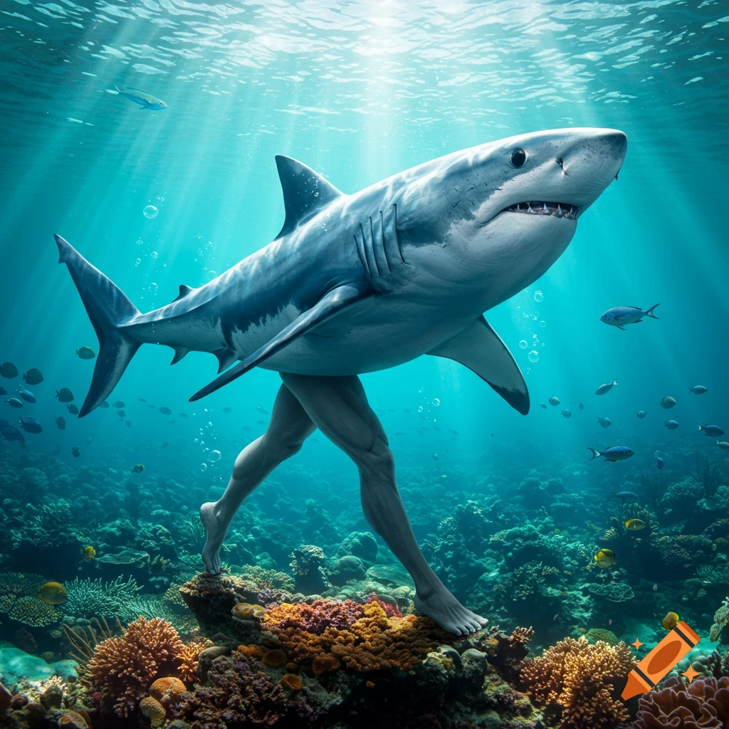 A photorealistic shark with muscular human legs and bare feet walks on a colorful coral reef underwater, with sunbeams filtering from above.