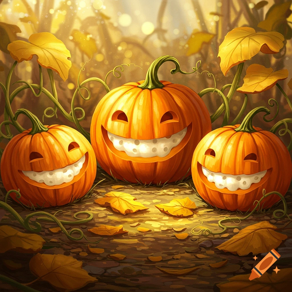 Three smiling jack-o'-lanterns nestled among glowing autumn leaves and vines in a warm, illustrated style.