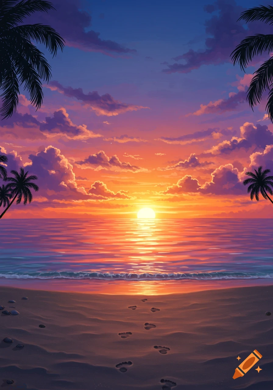A vibrant sunset over a sandy beach with palm trees and footprints in the sand, reflecting on the ocean.