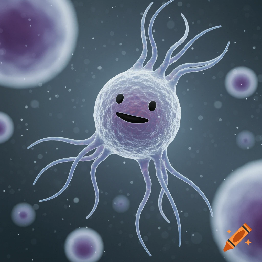 A friendly cartoon microorganism with a smiley face and many tentacles, surrounded by blurry purple cells in a dark microscopic setting.