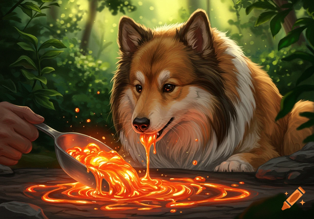A collie dog licks glowing orange lava from a spoon held by a hand, set in a vibrant forest, digital art.