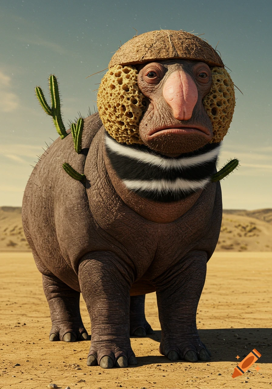 A creature with a hippo-like body, a sponge-textured head, a large pink nose, skunk-like fur stripes, and cactus bristles on its back, stands in a desert.
