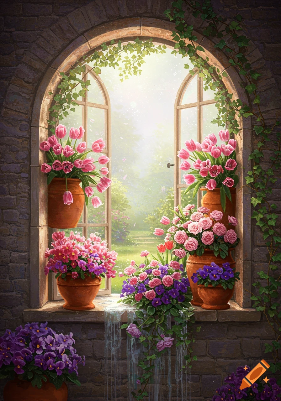 An arched window frame made of stone, overflowing with vibrant pink and purple flowers in terracotta pots, overlooking a bright, sunlit garden.