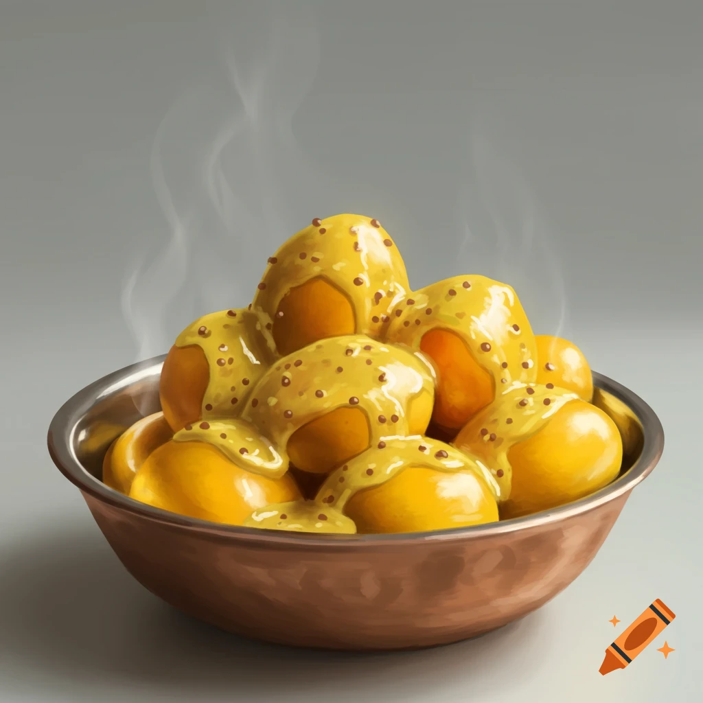 Steaming yellow food covered in whole grain mustard in a bronze bowl on a gray background.
