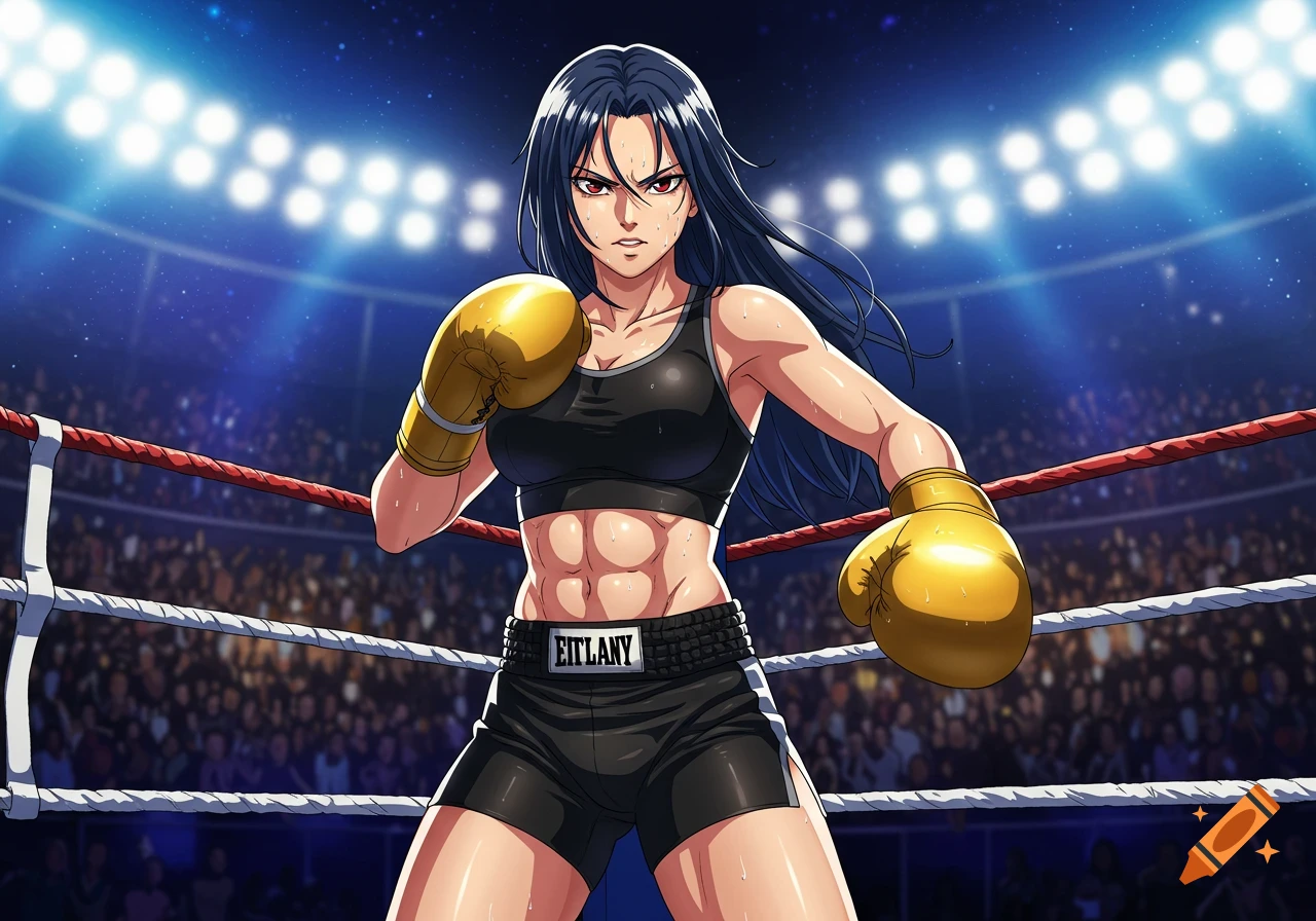 Anime style illustration of an athletic woman in black boxing gear and gold gloves in a boxing ring, ready to fight.