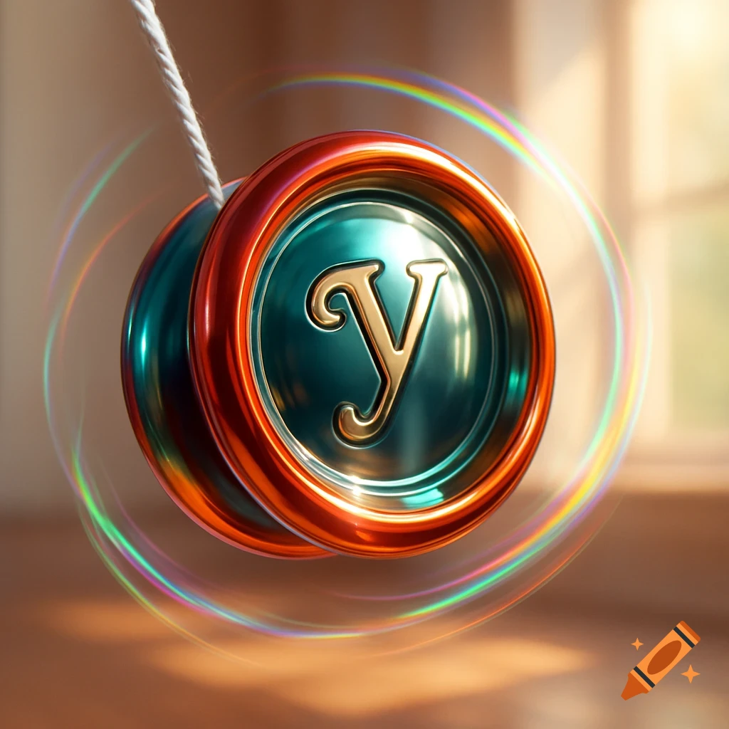 A shiny red and teal yo-yo with a golden 'Y' spins with rainbow light trails against a warm, blurry background.