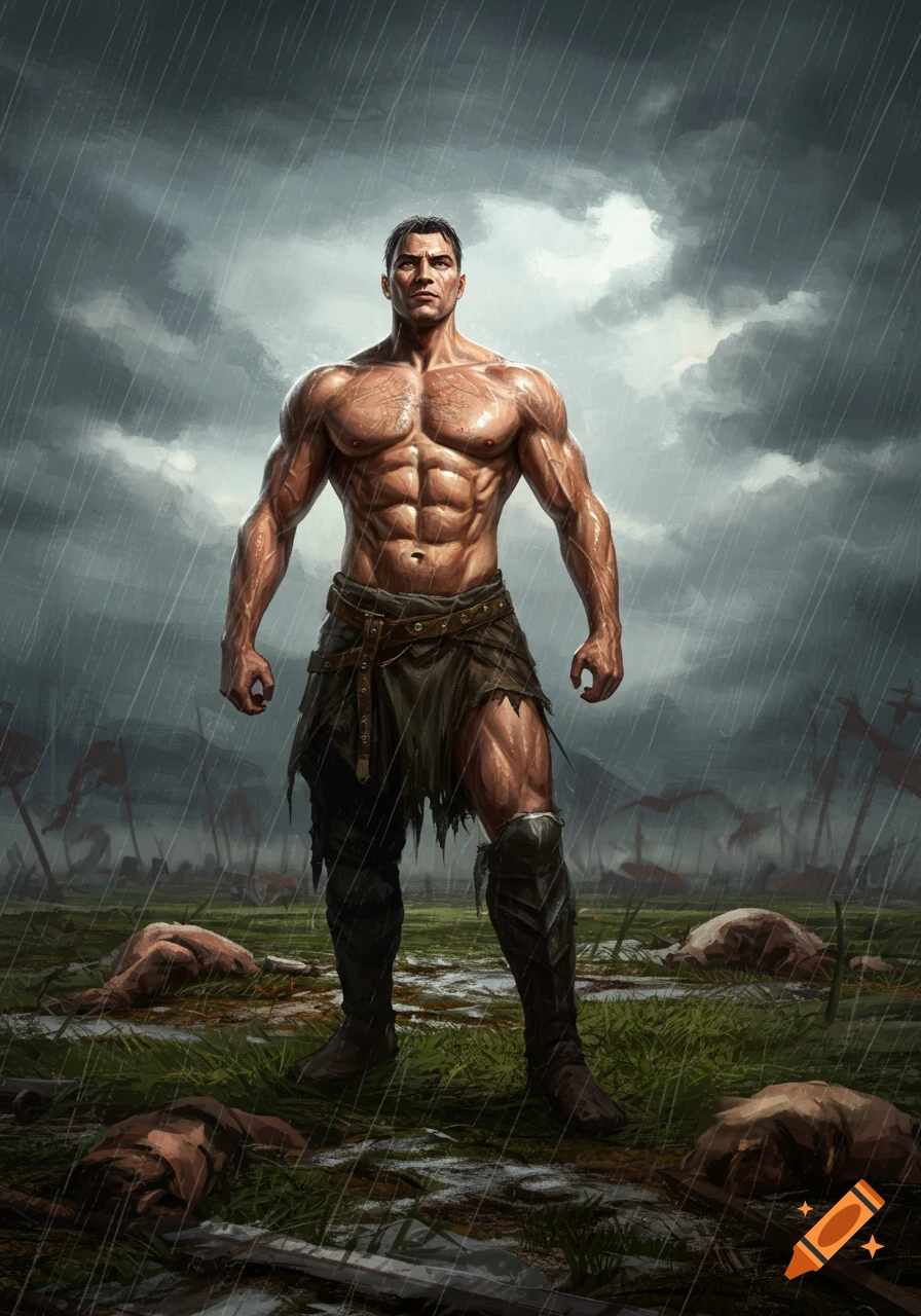 A muscular, shirtless warrior stands in the rain on a muddy battlefield, surrounded by fallen foes, in a stylized illustration.