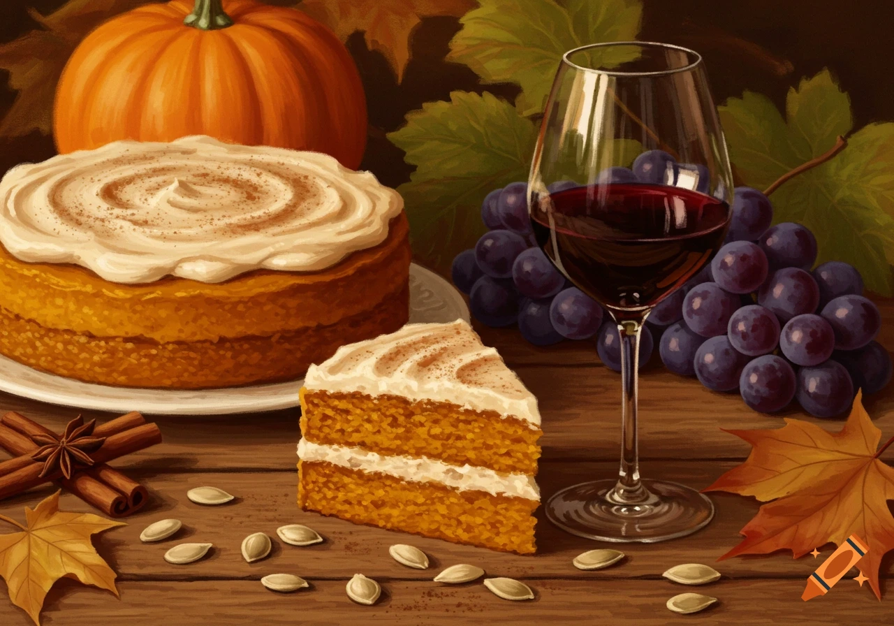 A still life painting featuring pumpkin cake, red wine, grapes, cinnamon, pumpkin seeds, and autumn leaves on a rustic wooden table.