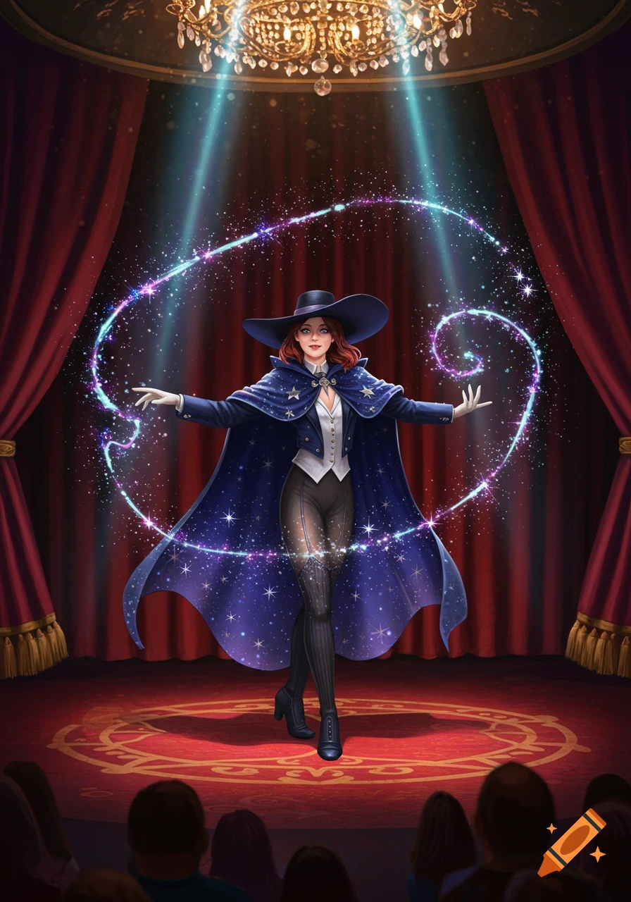A female magician in a blue cape and hat performs on a stage, conjuring a swirling magical light with stars.
