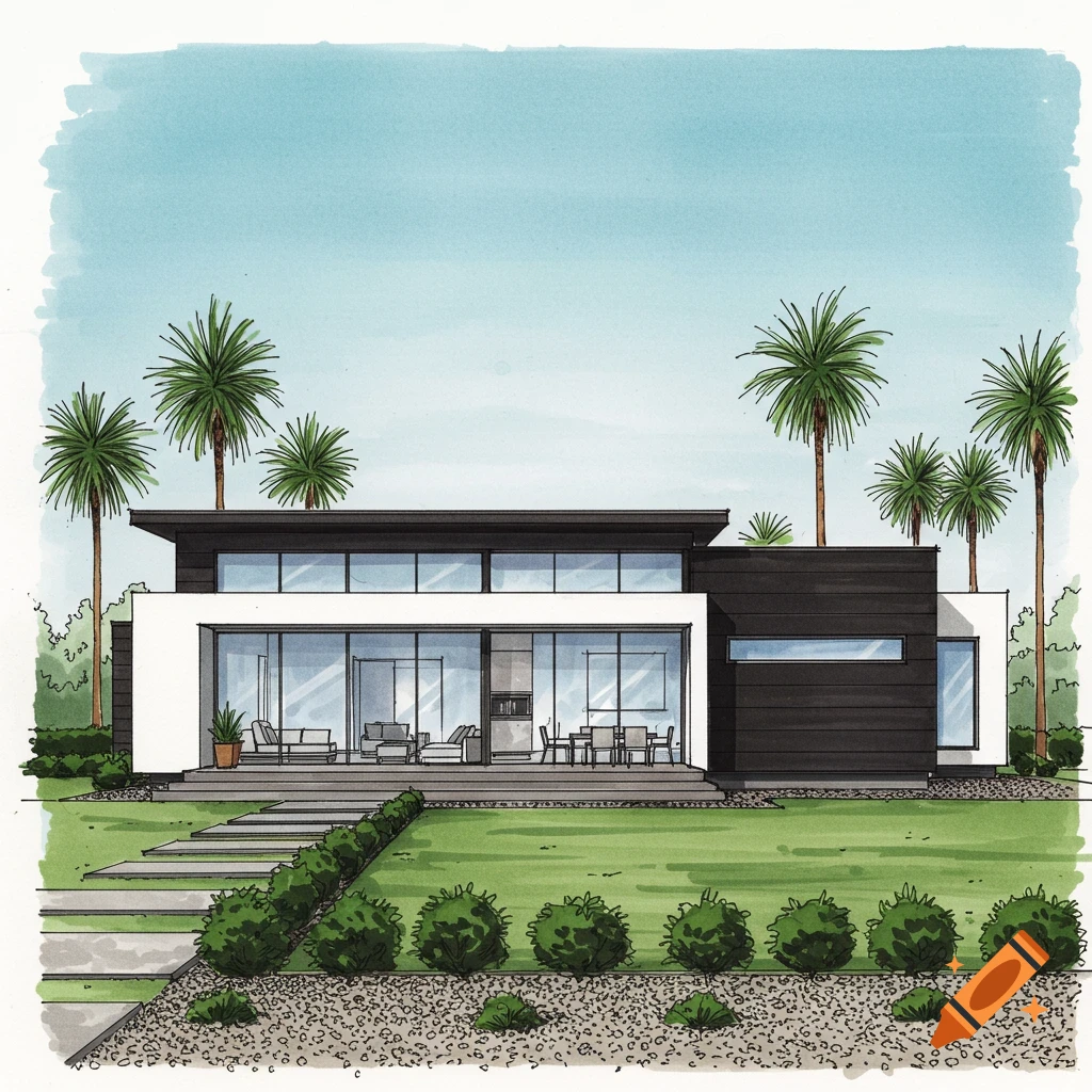 Illustrated sketch of a modern rancher house with white and black exterior, large windows, green landscaping, and palm trees.