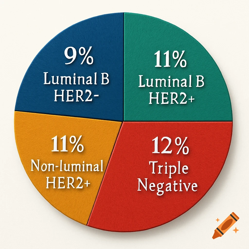 A colorful pie chart with a textured surface, divided into four sections showing percentages and labels: 9% Luminal B HER2-, 11% Luminal B HER2+, 11% Non-luminal HER2+, and 12% Triple Negative.