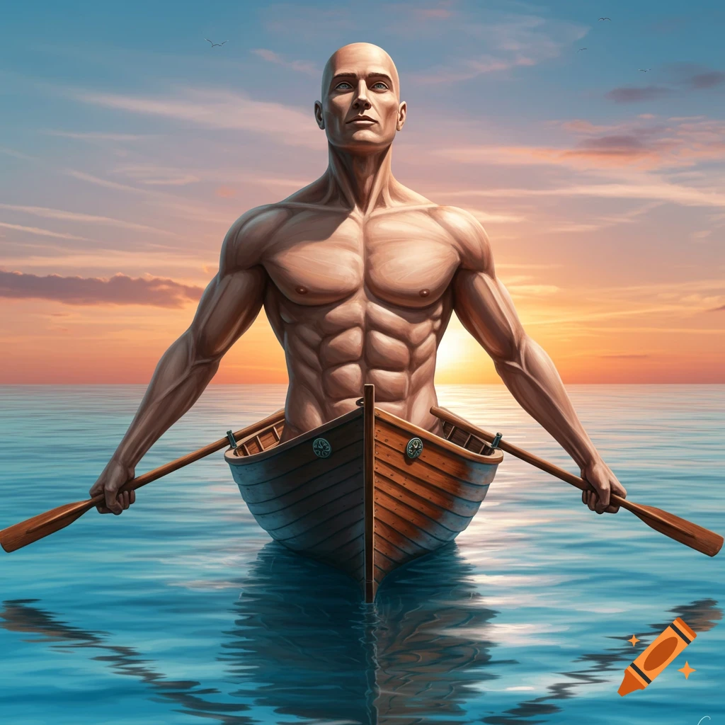 A muscular, bald man fused with a wooden rowboat, rowing on a calm sea at sunset, digital art.