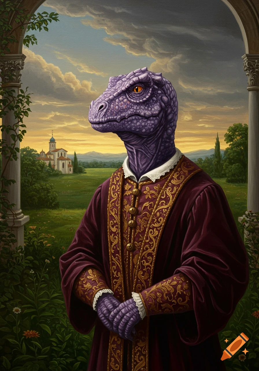 A regal purple dinosaur with scaly skin, wearing a maroon and gold Renaissance-style robe, stands in a garden with a classical landscape and building in the background, painted in an oil style.