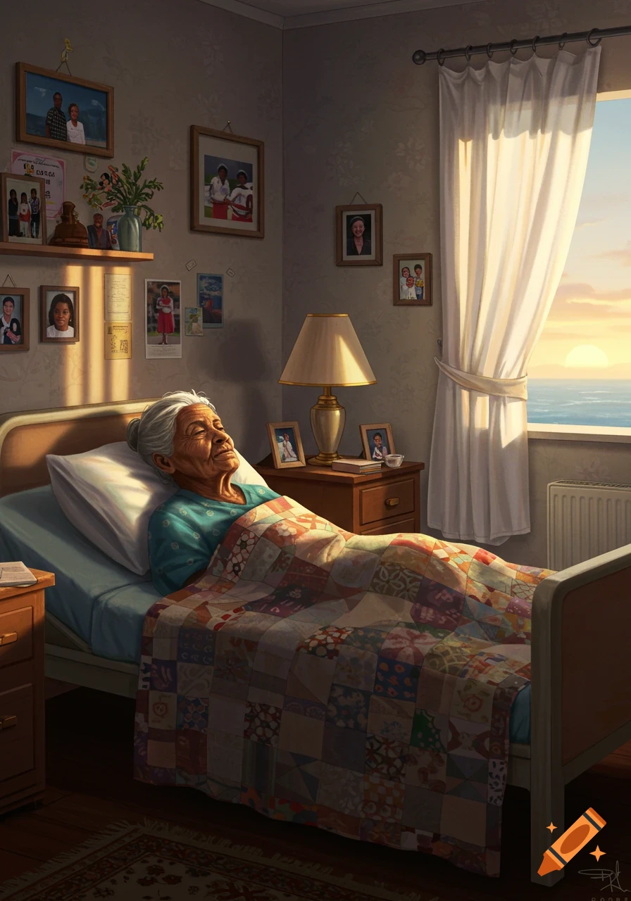Elderly woman with gray hair in a hospital bed, looking at the ocean during sunrise in a room with photos. Realistic art.