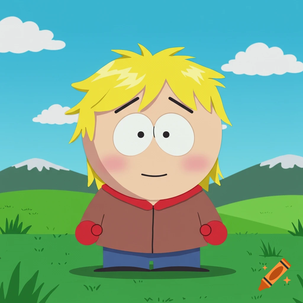 A South Park-style cartoon character with blonde hair, blue eyes, rosy cheeks, and a brown jacket stands in a green field with mountains and clouds.