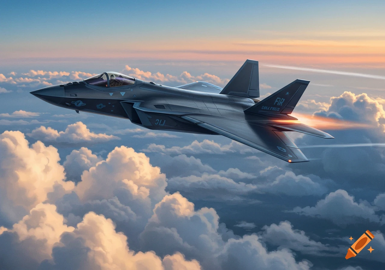 A dark stealth fighter jet flies through a cloudy sky with an orange sunset glow.