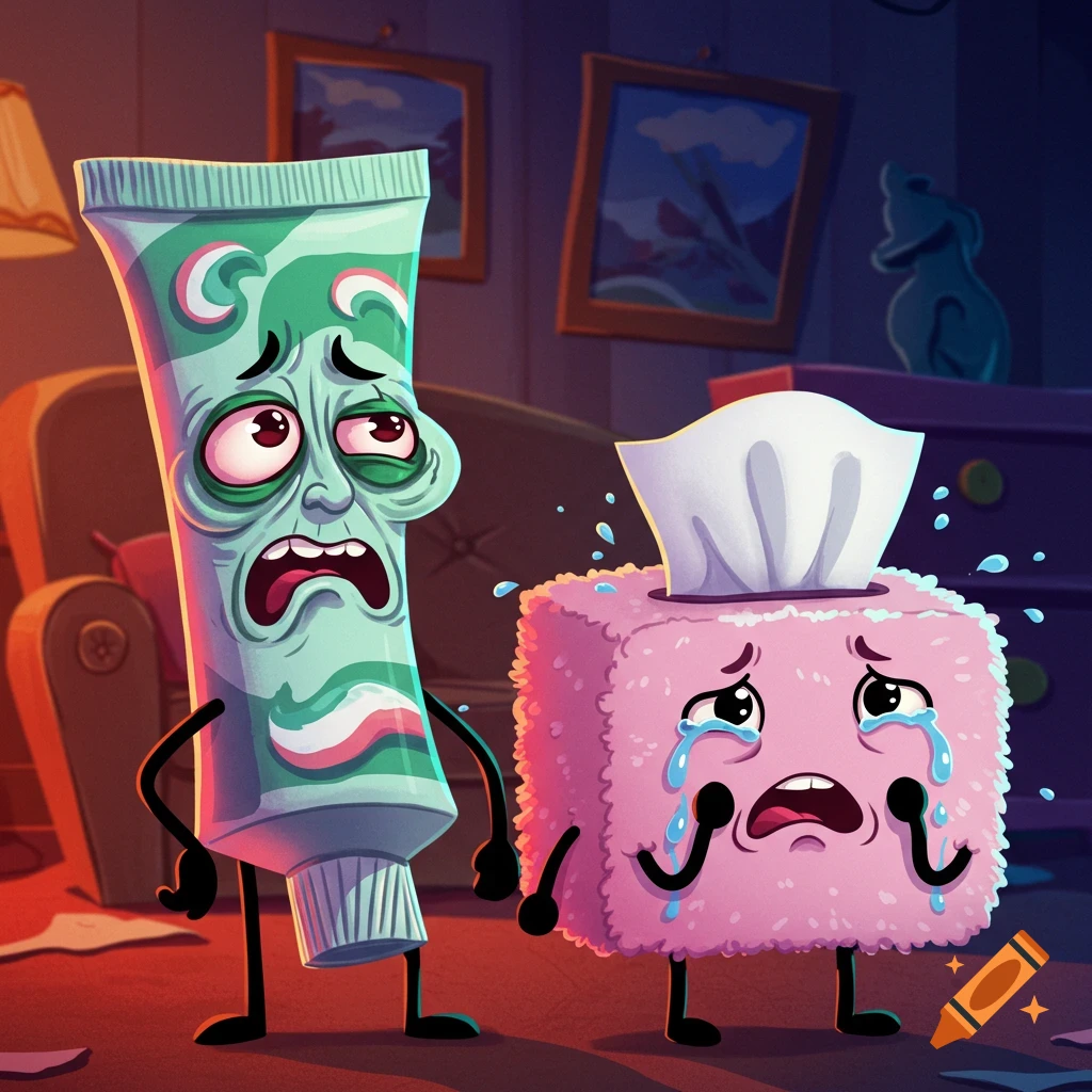 A sad, constipated cartoon toothpaste tube stands next to a crying pink tissue box in a dimly lit room.