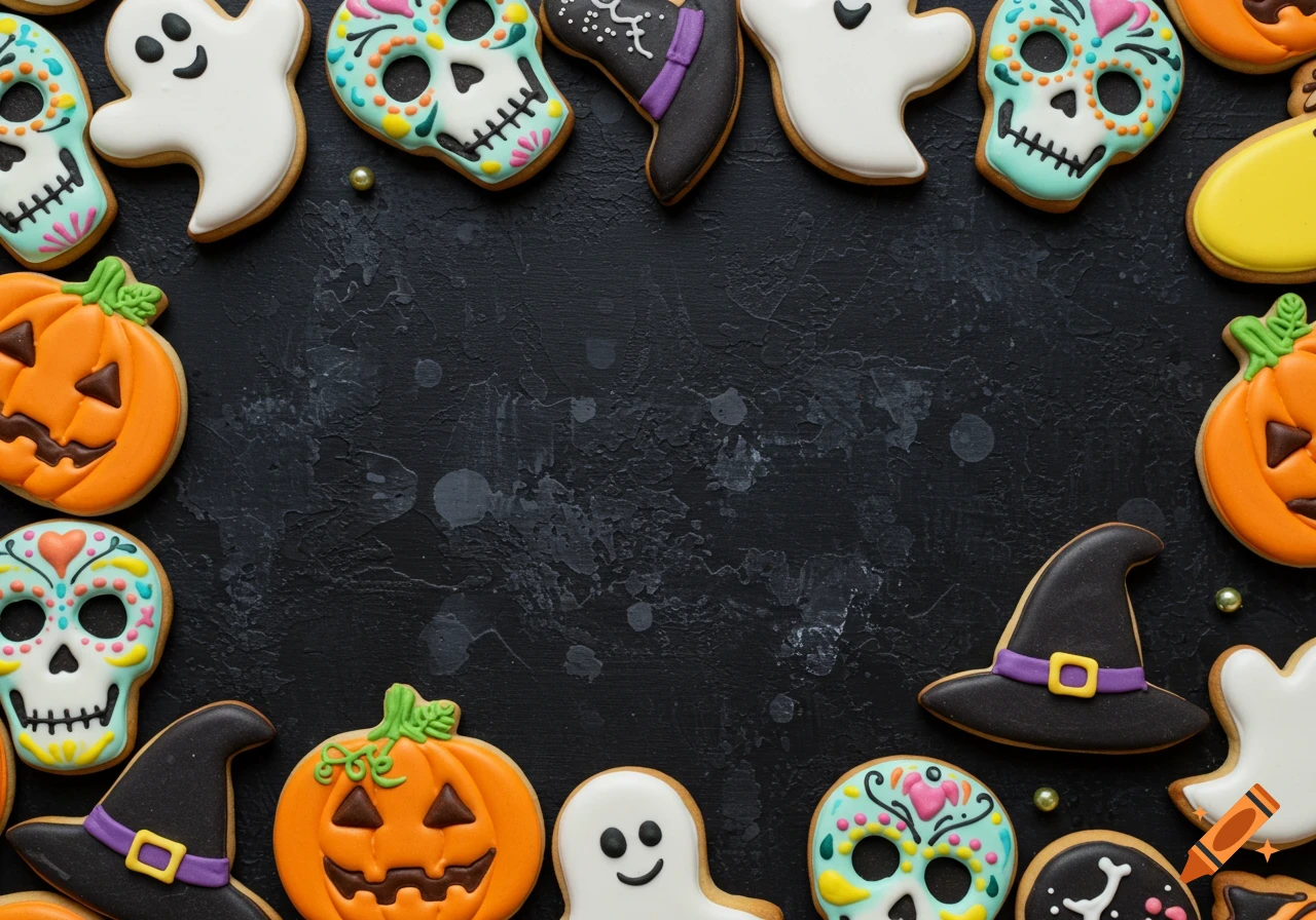 A top-down view of Halloween-themed cookies, including pumpkins, ghosts, sugar skulls, and witch hats, forming a border around a dark, textured background.