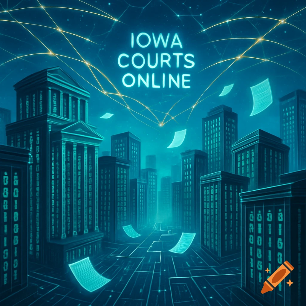 Digital art of a futuristic city at night, with glowing buildings, network lines, floating data sheets, and "IOWA COURTS ONLINE" in neon.