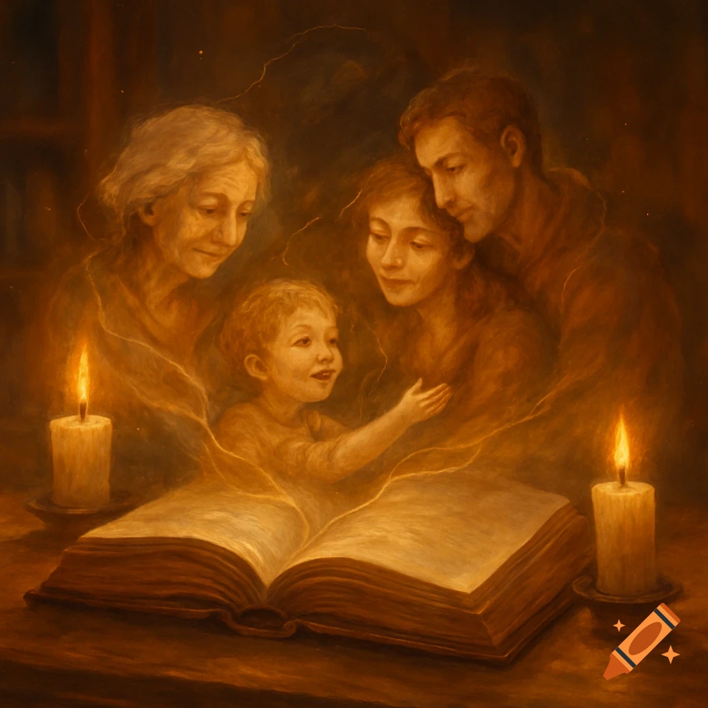 A multi-generational family, including a child, parents, and an elder, gather around an open book with glowing, ethereal figures emerging, bathed in candlelight.