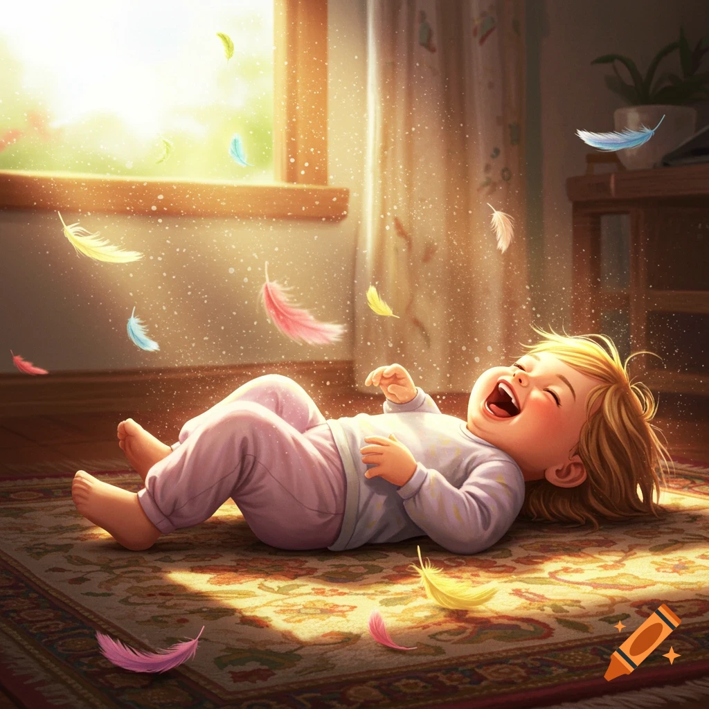 A delighted baby lies on a sunlit rug, laughing as colorful feathers float around, in a charming illustration style.