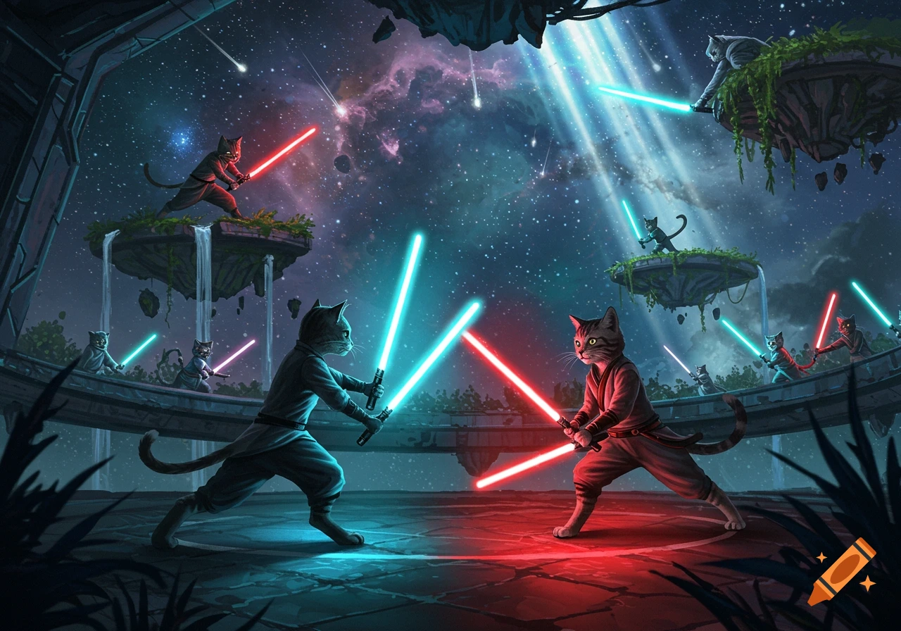 Multiple cats wield red and blue lightsabers in a dynamic space battle across floating islands under a starry sky.
