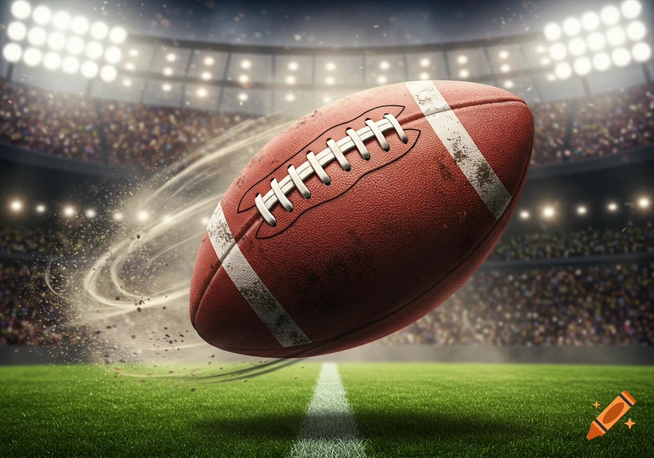 A football in flight above a stadium field, with bright lights in the background.