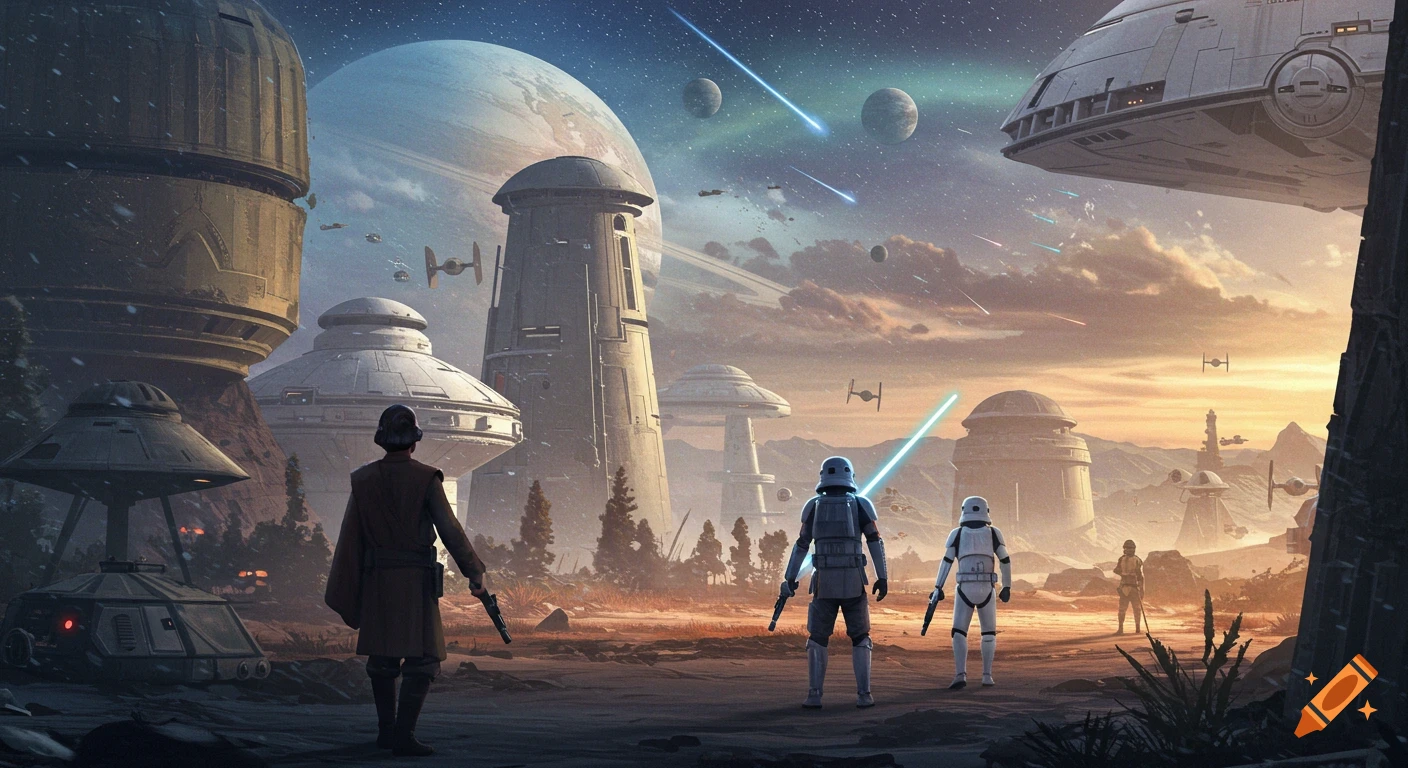 A futuristic Star Wars-like landscape with large structures, spaceships, planets, and shooting stars. A Jedi-like figure and two Stormtroopers stand in the foreground.