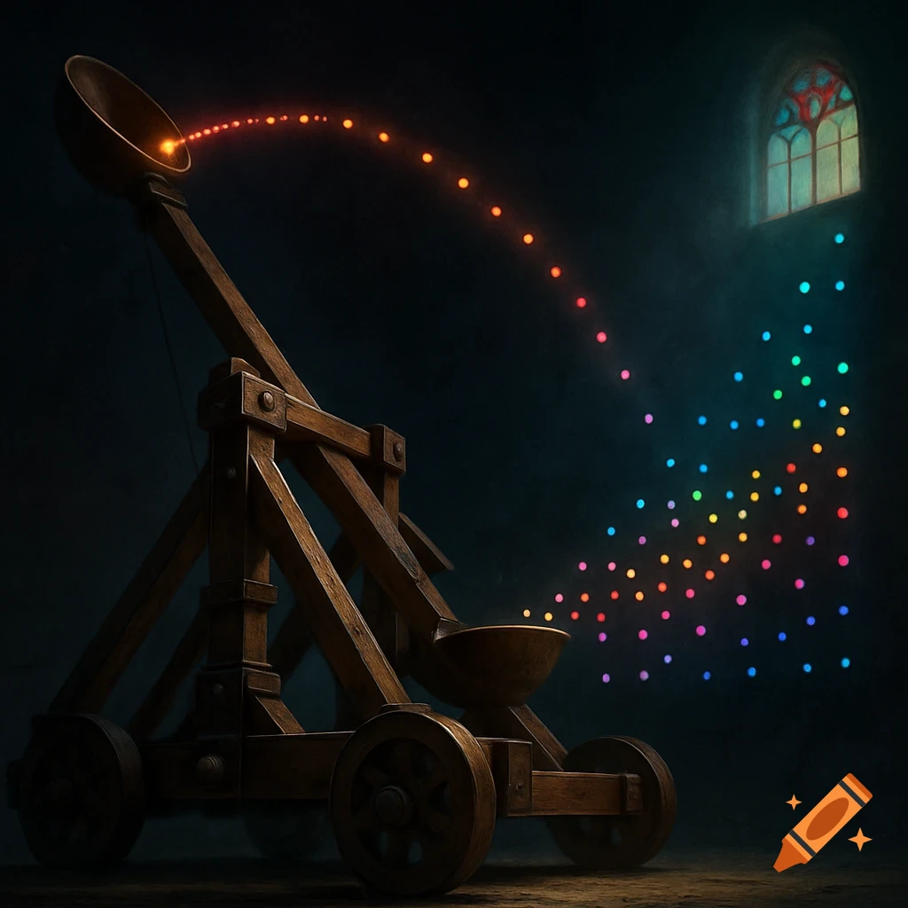 A wooden catapult launches glowing orange dots that become a colorful scatterplot on a dark wall with a gothic window.
