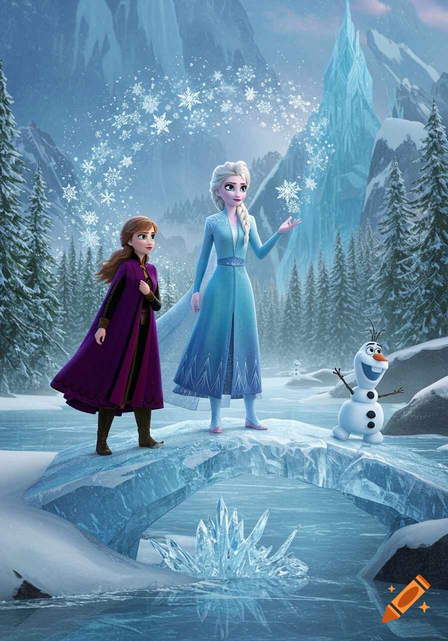 Elsa, Anna, and Olaf stand on an ice bridge in a snowy mountain landscape, Elsa conjuring snowflakes.