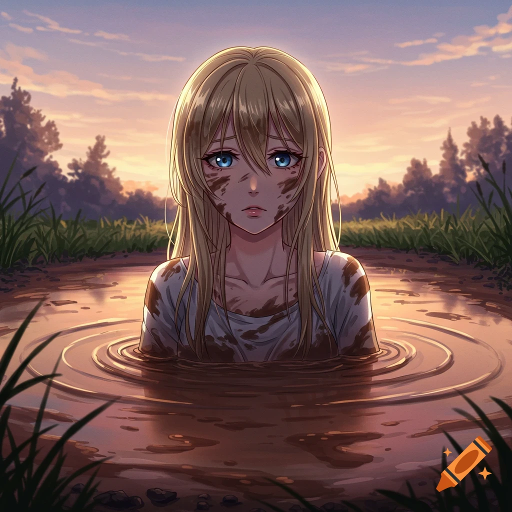 A worried blonde anime girl, covered in mud, stands neck-deep in a puddle in a natural setting at sunset.